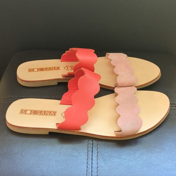 Sol Sana Wave Slide Leather Two Tone Flip Flop Comfy Beach Vacation Sandals - Picture 3 of 6